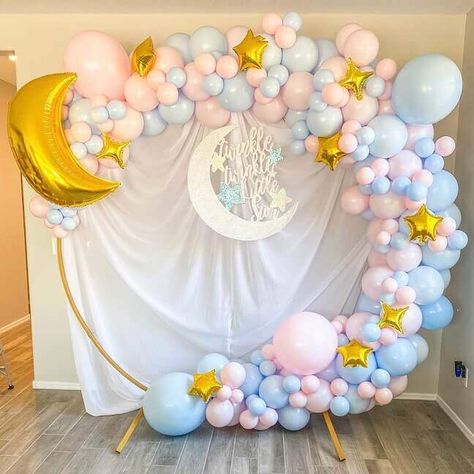 Party Balloons Decorations, Moon Balloon, Moon Baby Shower, Twins 1st Birthdays, Baby Balloon, Star Confetti, Metal Arch, Baby Themes, Star Baby Showers