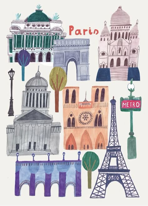 Paris Landmarks Illustration, Paris Graphic Design, Daria Solak, Landmarks Illustration, Landmark Illustration, Paris Collage, France Illustration, Paris Drawing, Paris Buildings