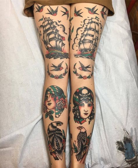 Traditional Tattoo On Leg, Traditional Tattoo Leg Sleeve, Traditional Tattoo Man, Symmetrical Tattoo, Traditional Tattoo Inspiration, Pirate Tattoo, Traditional Style Tattoo, Traditional Tattoo Sleeve, Skeleton Hand Tattoo