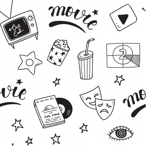 Various movie stuff doodle seamless background Premium Vector Movie Night Doodles, Movie Doodles, Film Drawing, Banner Doodle, Doodle Pictures, Background Pattern Design, Lsd Art, Planner Doodles, Doodle Background