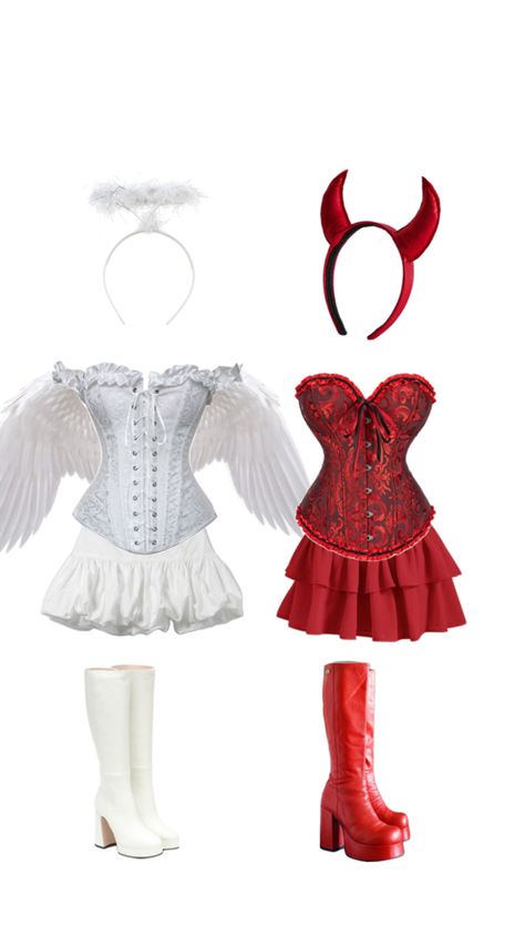 Corset Halloween Costumes, Halloween Rave Outfits, Angel And Devil Costume, Devil Halloween Costume, Angel Halloween Costumes, Halloween Rave, Classy Halloween Costumes, Matching Halloween Costumes, Devil Halloween