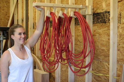 Folding Extension Cord Organizer! by mikeandlauren Cord Storage Ideas, Extension Cord Storage, Garage Extension, Garage Organization Tips, Garage Organisation, Garage Workshop Organization, Shed Organization, Garage Tool Storage, Cord Organizer