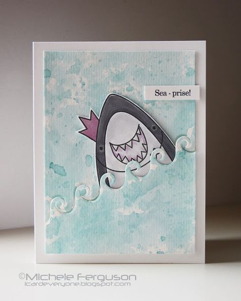 Cute Handmade Card: Sea prise! With a cute shark and embossing for a 3D look. I Card Everyone Great to spark creative card ideas! #carddesign #craft #cardinspiration #cardidea #diy #doityourself #crafter #diyideas #craft #crafting #cards #cardmaking #cardmakingideas Shark Cards Handmade, Shark Birthday Card, Card Making Layouts, Valentines Day Card Ideas, Water Birthday, Fish Cards, Ideas Birthday Card, Ocean Theme Birthday, Male Birthday Cards