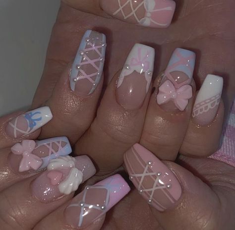 Melanie Martinez Nails K-12, Jelly Color Nails, Ballet Core Nails, Melanie Martinez Inspired Nails, Cute Kawaii Nails, Rilakkuma Nails, Dual Kawaii, Harajuku Nails, Corset Nails