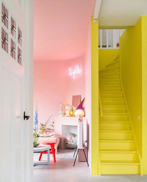 Italianbark Tropical Living Room, Yellow Living Room, Pink Living Room, Colourful Living Room, White Room, Living Room Colors, New Living Room, Pink Walls, Malang