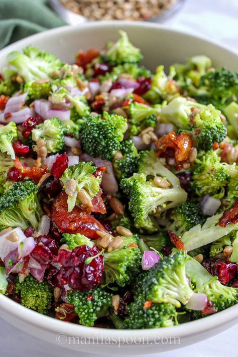 Easy Broccoli Bacon Salad - Manila Spoon Pasta Salad Recipes Broccoli Bacon, Creamy Broccoli Salad With Bacon, Brocolli Bacon Salad, Broccoli Bacon Salad, Broccoli Salad With Raisins, The Kitchn Broccoli Bacon Salad, Broccoli Bacon, Picnic Potluck, Shrimp Spring Rolls