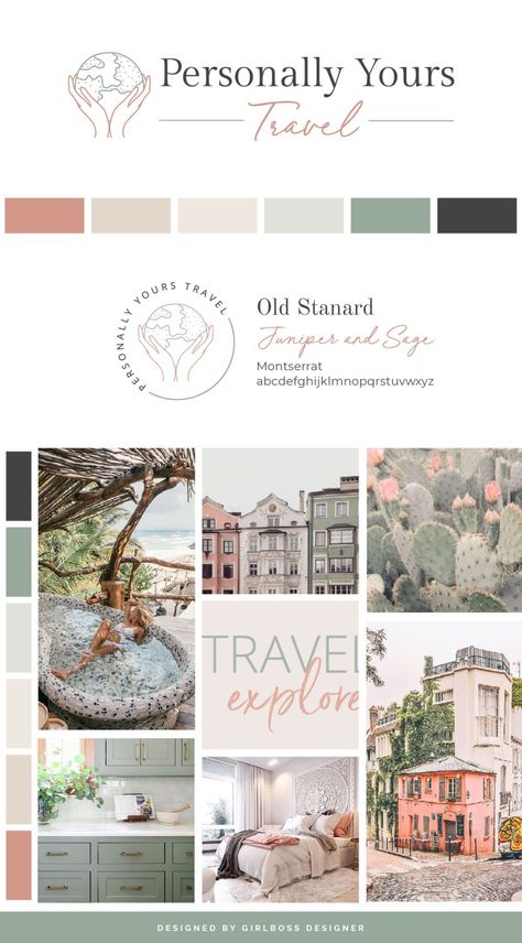 Feminine color palette pairs with soft sunset images to create the perfect branding for cruise travel specialist, Personally Yours Travel. Shades of earthy greens & peach tones, pair with European travel images, to create a cozy travel moodboard. Feminine, relaxing travel branding is showcased on a Showit website, created from our Bella Travel Template, by Girlboss Designer! #travelbranding #femininebranding #femininecolorpalette #sagebranding #travelwebsite #girlbossdesigner Travel Color Palette, Sage Branding, Pink Website, Travel Branding, Soft Sunset, Travel Template, Cozy Travel, Branding Checklist, Feminine Color Palette