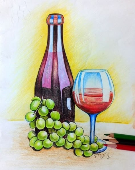 Still Life Drawing With Pencil Colour, Still Life Drawing Painting, Still Life Drawing Colour Easy, Simple Still Life Drawing, Pencil Colour Shading, Pencil Colour Drawing Ideas, Pencil Colour Art Drawings, Still Life Drawing Colour, Still Life Painting Easy