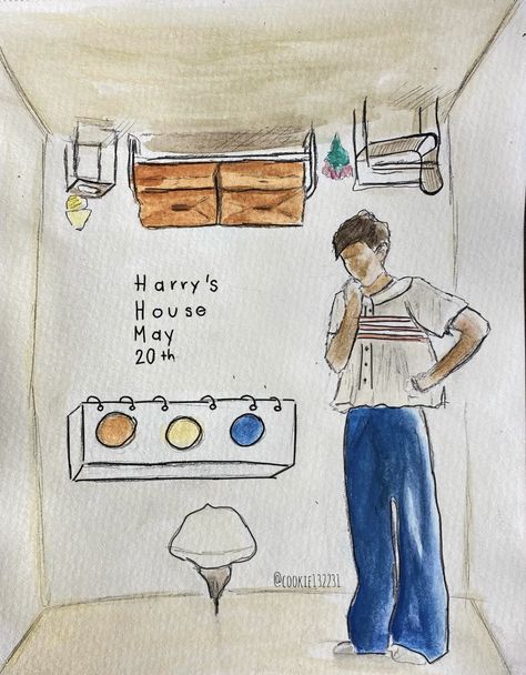 my drawing :) my ig: cookie132231 Harry House Drawing, Harry’s House Painting, Harrys House Painting, Harrys House Drawing, Harry Styles Songs Drawing, Harrys House Art, Harry Styles Art Ideas, Harry Styles Painting Ideas, Harry Styles Painting