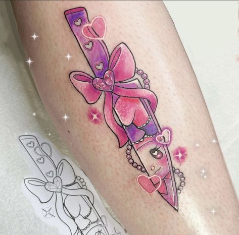 My Melody Knife, Pink My Melody, First Tattoos, Pastel Tattoo, Cute Finger Tattoos, Bright Tattoos, Flash Designs, Tattoo Lettering Design, Pink Tattoo