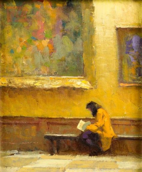 Richard Schmid (1934-) The Art Institute Yellow Art Painting, Yellow Oil Painting, Yellow Paintings, Richard Schmidt, Richard Schmid, Edward Hopper, Yellow Art, Reading A Book, Impressionist Art