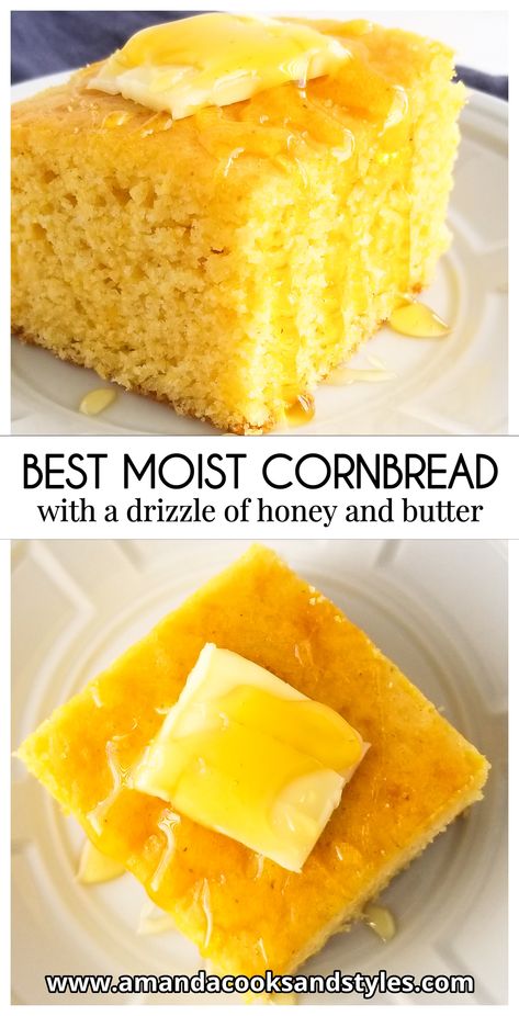 Best Ever Moist Cornbread – Delicious, fluffy and moist cornbread is the perfect pair for your favorite chili’s, grilled meats, and much more. Top with warm butter and a drizzle of honey for the perfect slice. Honey Buttermilk Cornbread, Best Moist Cornbread, Honey Butter Recipe For Cornbread, Montanas Restaurant Cornbread Recipe, Honey Cornbread Recipe, Moist Cornbread Recipe, Montana's Copycat Cornbread Recipe, Honey Butter Cornbread, Hot Honey Butter