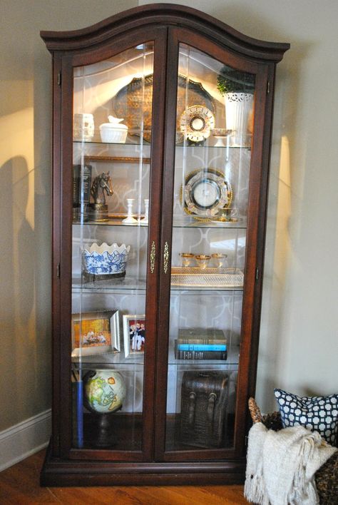 Built In Curio Cabinet Display, Decorating Curio Cabinet Ideas, Update A Curio Cabinet, Decorating A Curio Cabinet, How To Style Curio Cabinet, Style A Curio Cabinet, Painted Curio Cabinet Ideas Farmhouse, Blue Curio Cabinet, Curio Cabinet Makeover Display