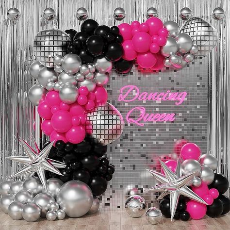 Amazon.com: Enanal Disco Balloon Garland Arch Kit, Hot Pink Black Chrome Silver Balloon with Disco Ball Starburst Foil Balloons for Disco Bachelorette Party Princess Birthday 8090 Themed Party Decor (Disco) : Home & Kitchen Disco Balloon Garland, 90s Theme Party, Disco Birthday Party, Fest Temaer, Disco Theme, Silver Balloon, Garland Arch, Silver Party, Chrome Silver