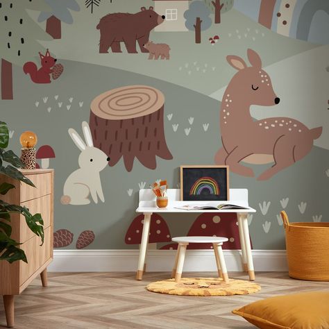 Fill your little wonderers walls with 'Walk in the Woods' and watch their dreams come to life as sleepy creatures snuggle up under the… | Instagram Woods Mural, Woodland Mural, Trees And Clouds, Nursery Wall Painting, Kids Room Murals, Forest Mural, Animal Mural, Forest Wall Mural, Moonlit Sky