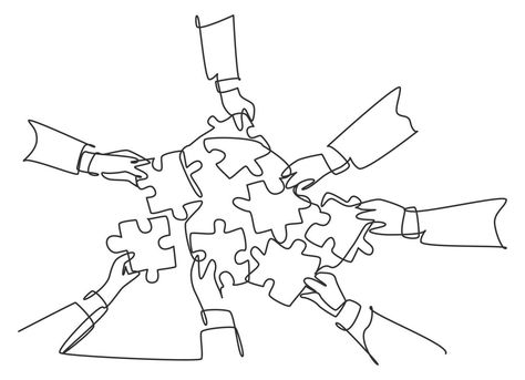 Single continuous line drawing of male and female business team members unite puzzle pieces together to one as team building symbol. Employee teamwork concept one line draw design vector illustration Friend Group Drawing, Building Symbol, Workplace Motivation, Line Animation, Jigsaw Puzzles Art, Art Beat, Business Team, Diagram Design, Continuous Line Drawing