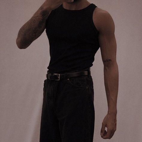 Small Waist Men Outfits, Black Tank Top Outfit Aesthetic, Black Tank Top Outfit Men, Cargo Pants For Work, Booktok Men, Grunge Outfit Aesthetic, Undershirt Outfit, Black Tank Tops Outfit, Black Tank Top Men