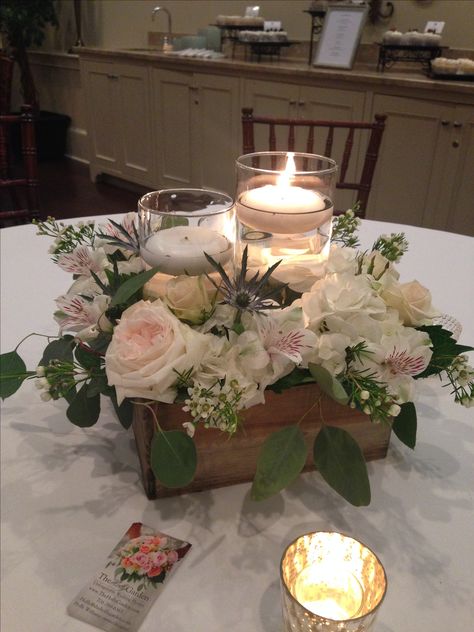 Wood Box Centerpiece with Candles Wood Base Centerpiece, Wood Box Centerpiece Ideas, Wooden Box Wedding Centerpieces, Wooden Box Centerpiece Wedding, Wood Box Centerpiece Wedding, Box Centerpiece Ideas, Square Wedding Tables, Fake Flower Centerpieces, Wood Centerpieces Wedding