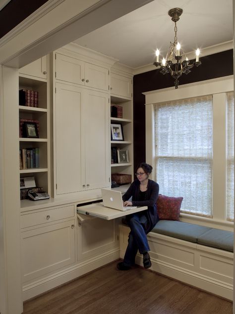 Love this pull out desk.  It can be stored out of the way until needed. Pull Out Desk, Office Drawers, Contemporary Colonial, Home Office Closet, Window Seat Design, Craftsman Kitchen, Bench Seating, Built In Desk, Home Office Space