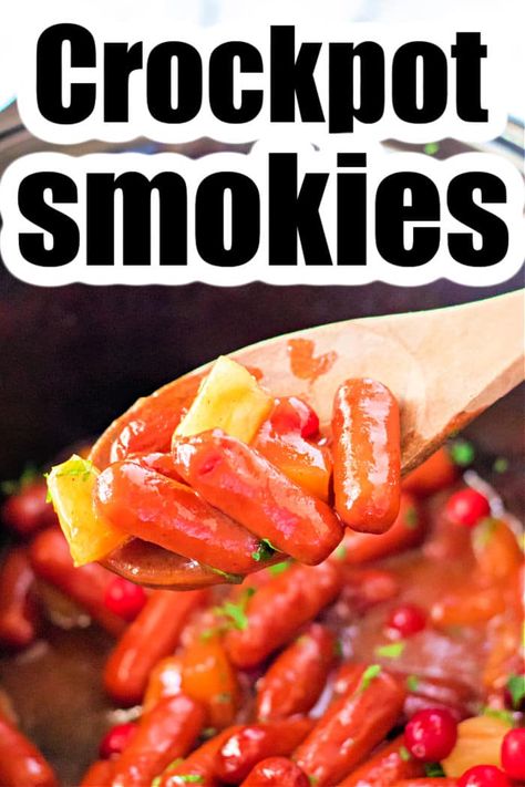 Crockpot little smokies recipe is the best appetizer for Christmas or any potluck. With a sweet savory barbecue pineapple sauce we love. Crockpot Smokies, Barbecue Pineapple, Meatball Appetizer Crockpot, Appetizer For Christmas, Crockpot Little Smokies, Cocktail Wieners, Little Smokies Recipes, Smokies Recipe, Slow Cooker Chicken Wings