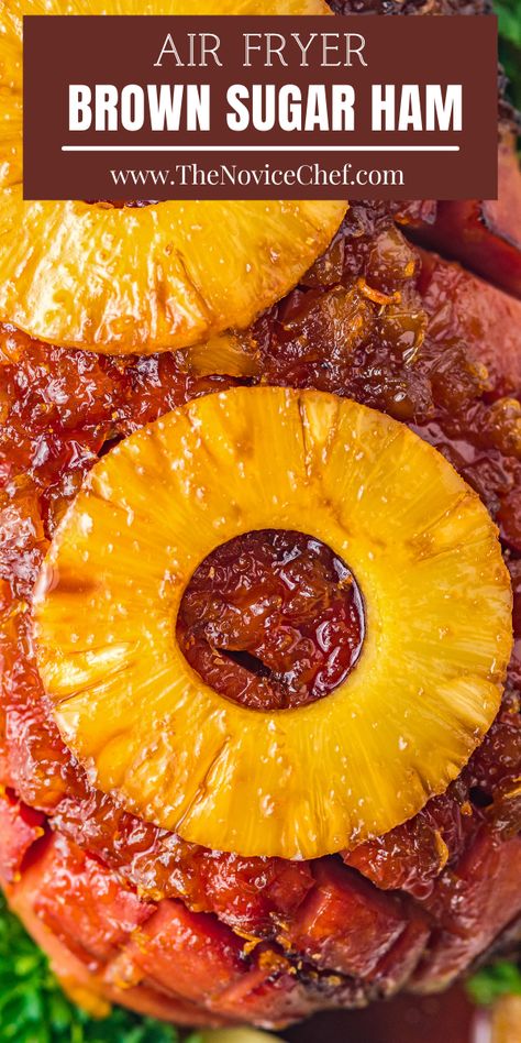 This super easy Air Fryer Ham is basted with a savory-sweet brown sugar and pineapple glaze. Great for the holidays, or anytime! Baked Ham In Air Fryer, Air Fryer Ham Slices, Air Fryer Ham Recipes, Pinapple Ham, Brown Sugar Glazed Ham, Pineapple Glaze For Ham, Air Fryer Ham, Fried Ham, Brown Sugar Ham