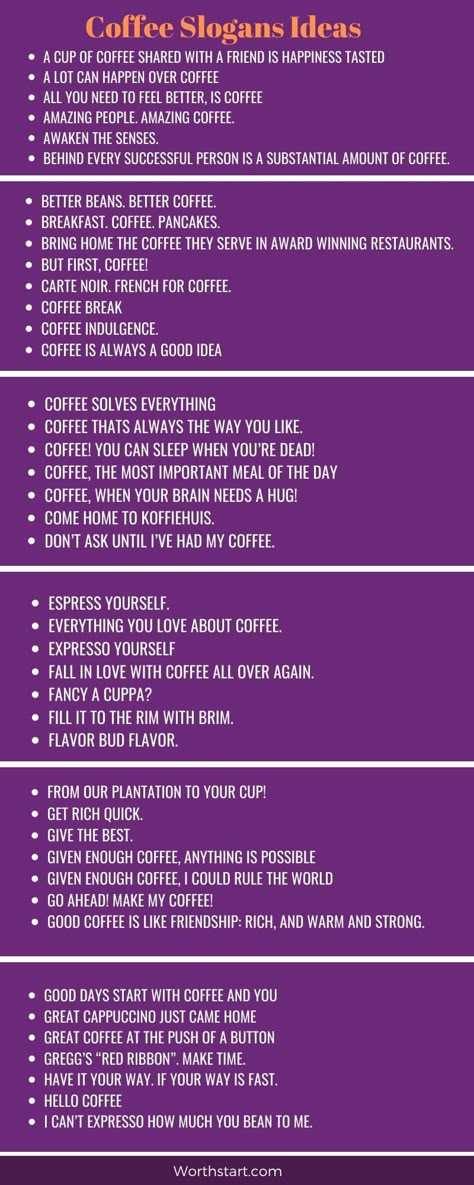 It is nothing surprising to say that coffee slogans are helping out coffee brands to sell more. That’s why entrepreneurs put their huge efforts into finding the most creative, funny, and catchy coffee slogan ideas.  And they aren’t wrong. Focusing more on the aspects of a business that are free is a better way to get more customers for free.  So today here we will discuss some of the slogans about coffee that will tell a story about your coffee brand or shop.  Coffee Slogans Ideas Tea Slogan Ideas, Coffee Shop Sayings, Tagline For Coffee Shop, Cafe Tagline Ideas, Coffee Business Names, Funny Coffee Captions, Coffee Specials Ideas, Coffee Club Ideas, Cafe Name Ideas Creative