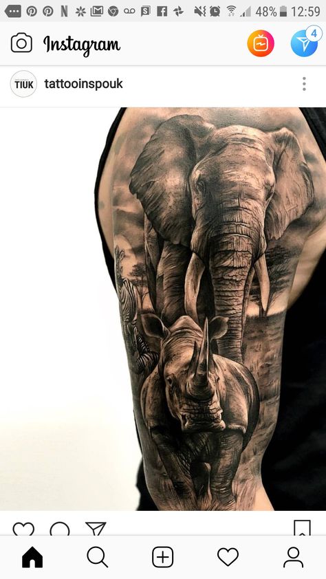 Headphones Tattoo, Rhino Tattoo, Calf Tattoo Men, Lion Forearm Tattoos, Jungle Tattoo, Animal Sleeve Tattoo, Wolf Tattoo Sleeve, African Tattoo, African Theme