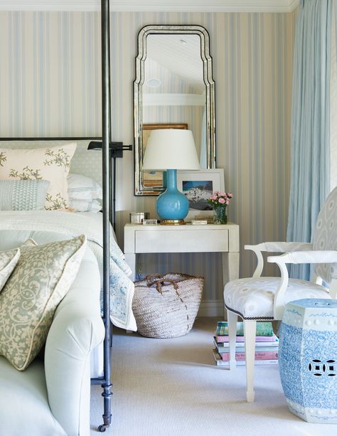 Design Crush: Mark D. Sikes - Katie Considers Mark Sikes, Gorgeous Bed, Mark D Sikes, French Country Bedrooms, Country Bedroom, Home Remodel, New Traditional, Blue Door, Striped Wallpaper