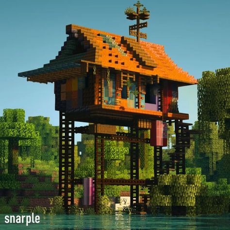 House On The Water Minecraft, Pirate House Minecraft, House On Water Minecraft, Pirate Minecraft Builds, Minecraft House With Tower, Minecraft Acacia House, Minecraft Beach Builds, Minecraft Acacia, Creepy Minecraft