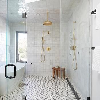 Walk In Shower Round Window Design Ideas White Shower Tile, Wet Room Bathroom, Black Floor Tiles, Glass Shower Doors Frameless, Bathtub Tile, Shower Floor Tile, Glass Shower Enclosures, White Subway Tiles, Transitional Bathroom