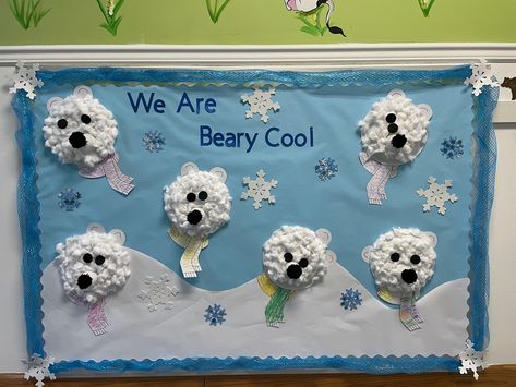 Infant Room Bulletin Boards Winter, Infant Winter Bulletin Board Ideas, Winter Toddler Bulletin Boards, Winter Bulliten Boards For Preschool, Polar Bear Bulletin Board, Winter Display Boards Nursery, Winter Boards For Preschool, December Bulletin Boards For Preschool, January Bulletin Board Ideas Preschool