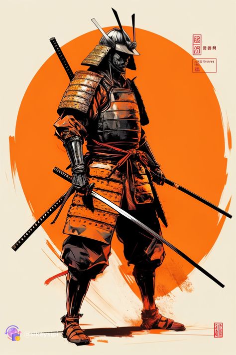 Graphic Samurai*: Graphic design meets historical narrative in this electrifying depiction of a samurai warrior. Its strong visual impact is ideal for a board dedicated to graphic art and samurai culture. #GraphicDesign #SamuraiCulture #VisualImpact Samurai Illustration Art, Samurai Graphic Design, Masculine Design Graphic, Samurai Warrior Drawing, Samurai Armor Art, Samurai Armor Design, Masculine Graphic Design, Samurai Concept Art, Samurai Character Design