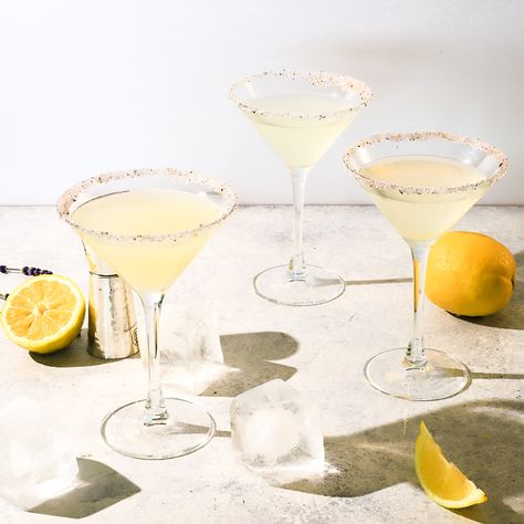 Lavender Lemon Drop Martini, Lemondrop Martini, Lavender Lemon Drop, Lavender Drink, Lavender Sugar, Japanese Bar, Lemon Cocktail, Lemon Drop Martini, Lavender Syrup