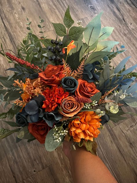 Teal Wedding Bouquet, Bridal Bouquet Orange, Teal Bouquet, Orange Bridal Bouquet, Teal Wedding Colors, Eucalyptus Wedding Bouquet, Southwestern Wedding, Rusting Wedding, Western Style Wedding