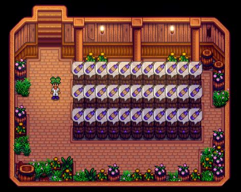 Stardew Valley Cask Layout, Stardew Valley Shed Layout Aesthetic, Cellar Design Stardew Valley, Wine Cellar Stardew Valley, Sdv Cellar, Cellar Layout Stardew, Basement Stardew Valley, Stardew Wine Cellar, Stardew Valley Basement Design