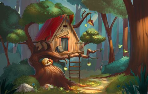 tree house illustration by Alexandra Kurichina Tree House Illustration, Treehouse Illustration, Tree House Drawing, Tree Monster, Cartoon Trees, House Cartoon, House Illustration, Family Illustration, Tree Sculpture