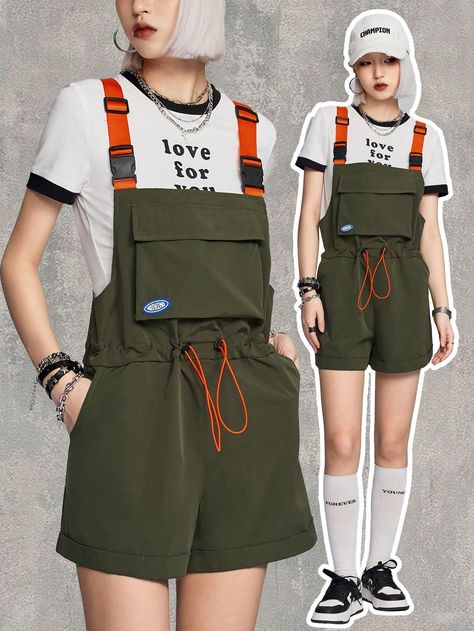 Army Green Casual Collar Sleeveless Woven Fabric Colorblock,Letter,Plain Overall Embellished Non-Stretch  Women Clothing Womens Denim Overalls, Collar Jumpsuit, Shein Brasil, Jumpsuit Men, Jumpsuit Summer, Sleeveless Bodysuit, Long Sleeve Jumpsuit, Embroidered Denim, Spring Summer Outfits