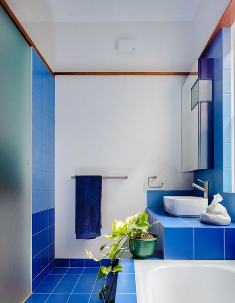 Electric Blue Bathroom, Blue Bathrooms, Platform House, Vibrant Bathroom, Monochrome Bathroom, Bright Bathroom, Glass Book, Melbourne House, Australian Architecture