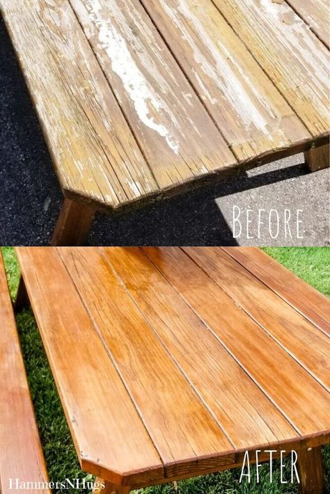 Learn how to refinish a wooden picnic table in 4 easy steps with this DIY tutorial! How to Refinish a Wooden Picnic Table in 4 Easy StepsLast week I refinished our favorite outdoor wooden picnic table that we bought for our very first house 7 years ago. If you have a piece of wooden outdoor furniture that you would like to refinish, then this DIY is for you!Let’s check it out! Look how pretty it is here. We bought this 7ft beauty from a local Amish man 6 years ago, and we got so mu Wood Picnic Table Redo, Refinishing Picnic Table, Refinish Picnic Table, Wooden Picnic Table Makeover, Picnic Table Stain Ideas, Painting Picnic Table Ideas, Refinish Table, Outdoor Workspace, Picnic Table Makeover