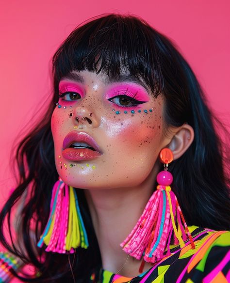 Photo of an edgy model with dark hair and bangs, pink eyeliner and colorful eyeshadow, wearing big tassels earrings and colorful outfit, posing for makeup brand in the style of psychedelic patterns, vibrant colorism, dolly kei, kawaii aesthetic, bold yet graceful, feminine curves, bold neon eye shadows, eyelash extensions Dark Hair And Bangs, Neon Pink Makeup, Big Tassels, Everyday Eyeshadow, Rainbow Eye Makeup, Neon Eyeshadow, Pink Eyeliner, Cut Bangs, Pop Art Makeup