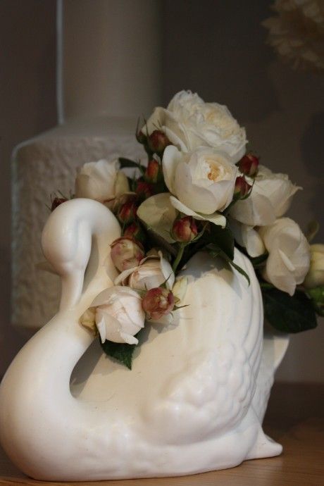 small blush roses with large cream roses October Celebrations, Swan Vase, Coquette Decor, Vintage Canister Sets, Swan Wedding, Swan Decor, Vintage Canisters, Queen Aesthetic, World Decor