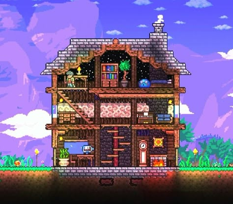 Cozy Terraria House, Terraria Cottage House, Japanese Terraria House, Terraria Cute House, Terraria Haunted House, Terraria Interior Design, Terraria House Ideas Japanese, Terraria Guide House, Small Terraria House