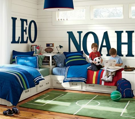 Great idea, if you have children that share a room. Love the large letters of their names! Soccer Themed Room, Soccer Bedroom, Shared Boys Rooms, Boys Shared Bedroom, Kids Shared Bedroom, Shared Kids Room, Shared Bedroom, Shared Room, Twins Room