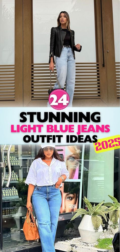 Find the best light blue jeans outfit combinations for 2025, mixing classic pieces with modern trends for an updated wardrobe. Straight Light Jeans Outfit, Light Wash Jeans Fall Outfit, Light Wash Bootcut Jeans Outfit, Trendy Light Blue Straight Leg Jeans, Powder Blue Pants Outfit, How To Style Light Wash Jeans, Light Blue Casual Jeans For Everyday, Trendy Light Blue Jeans For Everyday, Spring Light Blue Washed Jeans