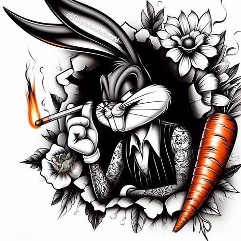 Tattoo sketches, tattoo ideas from my Telegram channel. Subscribe to busti and support the author, the price is less than a dollar. Link in the profile description. #tattoo #tattoos #sketch #tattooart #tattooideas #тату #татуировки #эскиз Bugs Bunny Tattoo, Looney Tunes Tattoo, Fnaf Tattoo, Sketches Tattoo, Bunny Tattoo, Gangsta Tattoos, Adult Coloring Books Printables, Bunny Tattoos, Chicano Tattoo