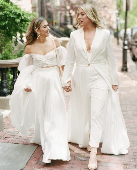 Tomboy Wedding Dress, Lesbian Wedding Suit, Lesbian Wedding Outfits, Lgbt Wedding Photography, Modern Fashion Design, Beaded Jumpsuit, Fall Wedding Outfits, Heritage Art, Simple White Dress