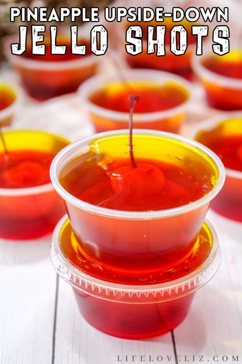 These pineapple upside-down jello shots are a take on traditional pineapple upside down cakes. They're perfect for any party or get together! Tequila Sunrise Jello Shots Recipes, Tequila Sunrise Jello Shots, Color Party Ideas For Adults Orange, Cherry Limeade Jello Shots, Orange Snacks For Color Party, Orange Foods For Color Party, Jello Shots Tequila, Food In 5 Minutes, Yummy Jello Shots