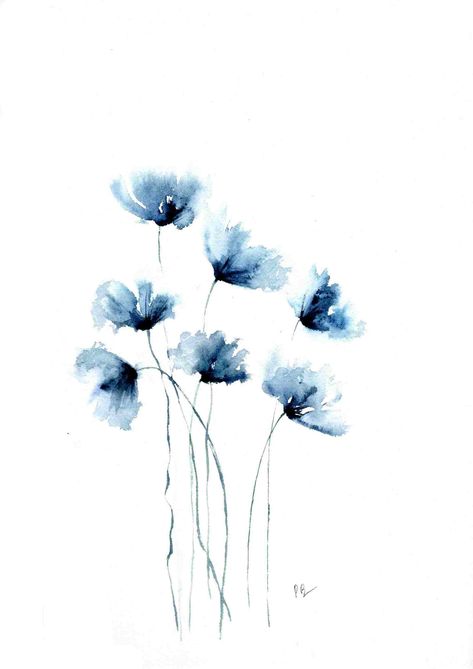 Blue poppies by ColorMeWaterShop on Etsy Blue Poppy Painting, Wet Flowers, Blue Watercolor Background, Abstract Poppies, Blue Poppies, Blue Watercolor Floral, Hanukkah Cards, Painting Minimalist, Poppy Painting