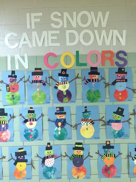 January Art Ideas For Kindergarten, If Snowmen Came In Colors, Winter Themes For Bulletin Boards, Kindergarten Winter Crafts Classroom, Color Of Us Activities, 3d Winter Art Preschool, Winter Preschool Art Projects, Kindergarten Winter Projects, Elementary December Crafts