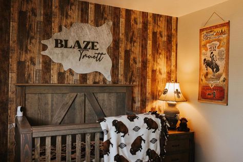 i Love Cows 🐄 | NURSERY ROOM INSPO 🤠 BRONTË Y’ALL DID AMAZING Cowhide On Wall Nursery, Cow Baby Room Themed Nursery, Rustic Cow Nursery, Cattle Themed Nursery, Cow Print Nursery, Nursery Dark Furniture Western, Wood Wall Nursery, Cow Themed Nursery, Western Baby Nurseries